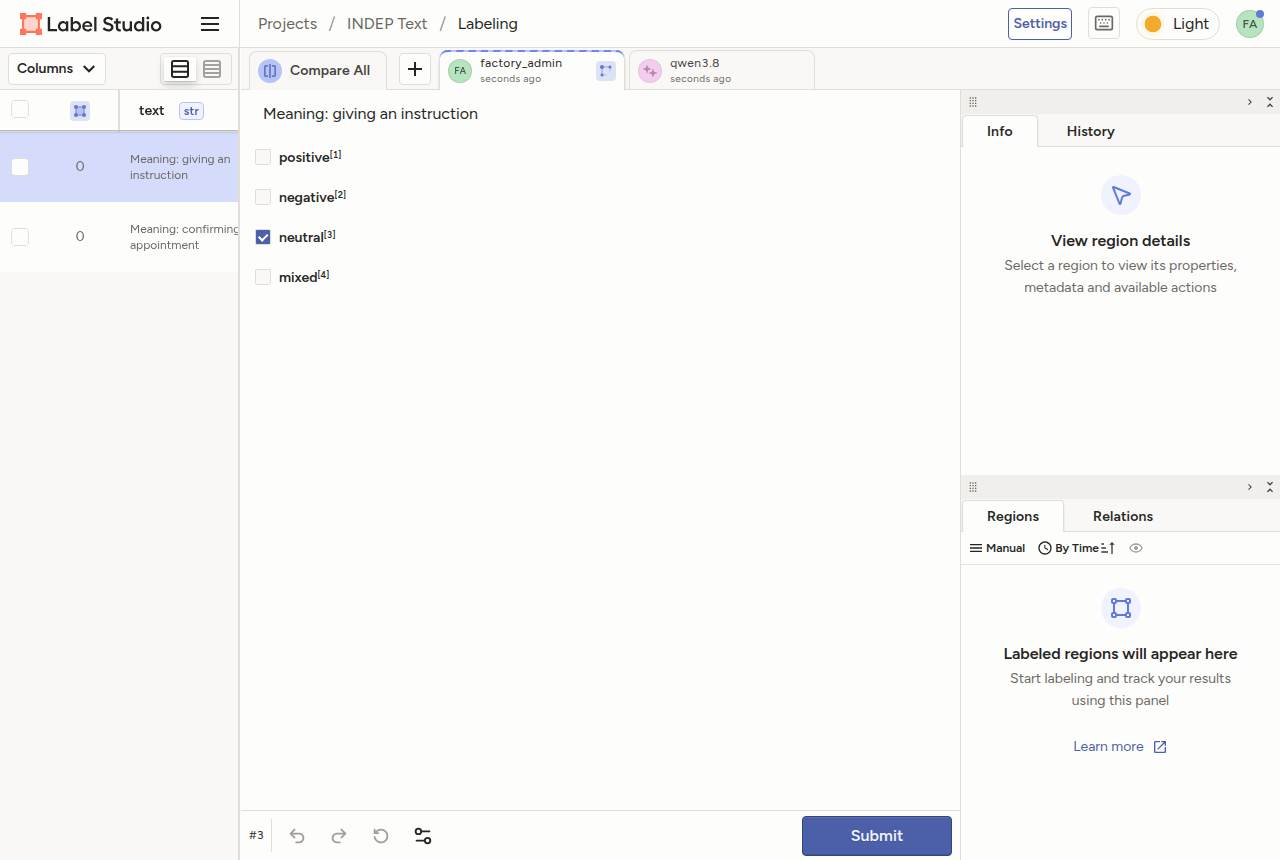 Label Studio text task with prediction and human tabs