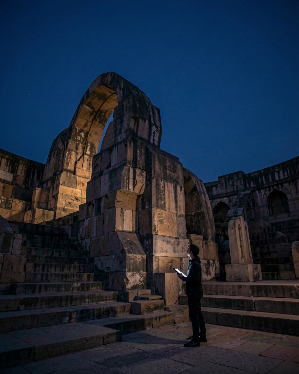 A researcher studying the astronomical instruments of an observatory at dusk