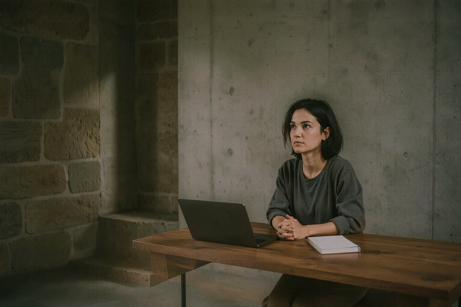 Woman researcher working in a quiet concrete archive room
