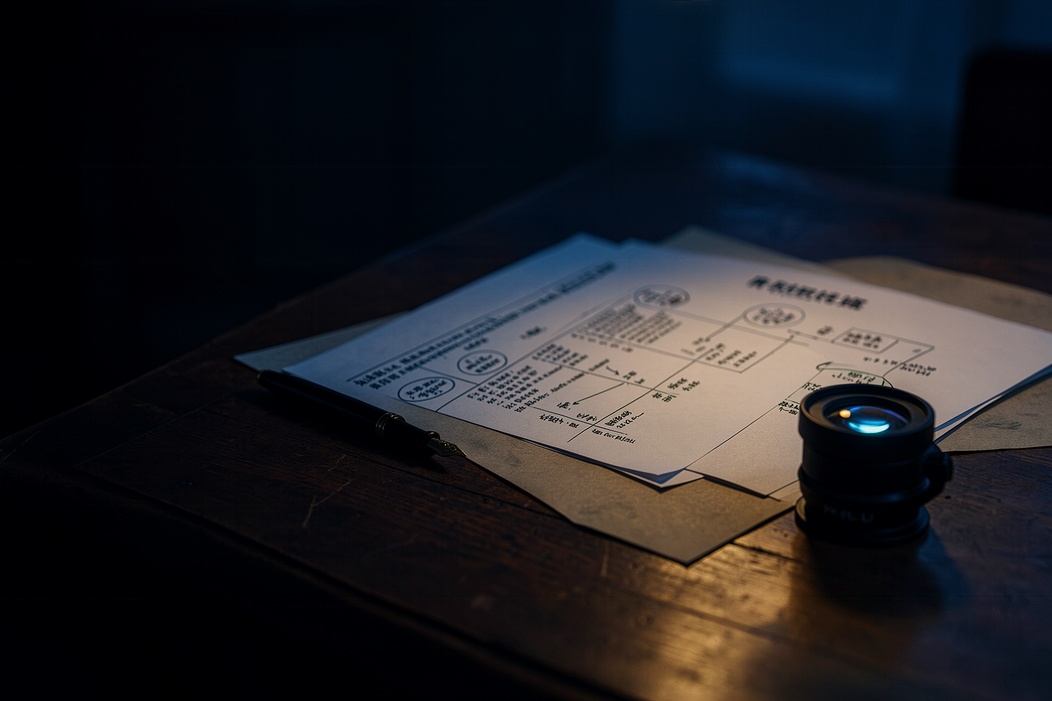 Research papers and instruments on an archive desk