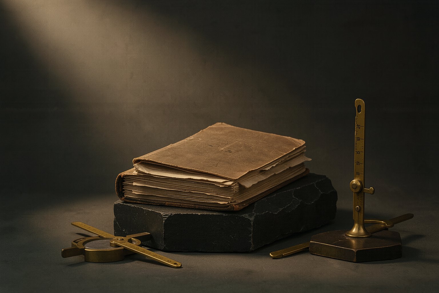 An archival ledger and brass instruments